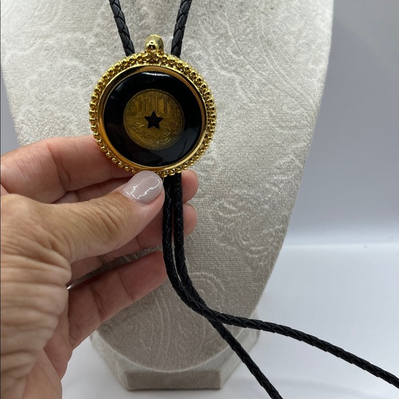 Black and Gold Bolo Tie with Circular Pendant with Star Center Black Braided - Picture 6 of 16